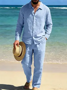 Men's Linen Two-Piece Set, Breathable Textured Fabric, Loose Fit, Spring Summer Vacation Commute Daily Comfort Casual Wear