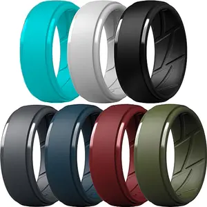 7Pack Size 7-16 Silicone Wedding Rings For Men 10mm Wide 2.5mm Thick Rubber Bands With Inner Arc Erongomic AirFlow Grooves Breathable Engagement Ring For Him