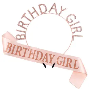 P-HDW012    Birthday Girl Crown for Women with Sash Rose Gold Tiara for Women Headband Princess Crown Rhinestone Happy Birthday Accessories