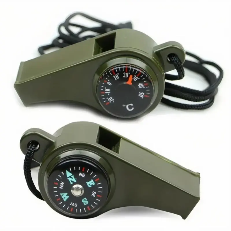 3 in 1 Emergency Survival Whistle, Outdoor Survival Supplies, 2 Counts Portable Whistle with Compass & Thermometer, Outdoor Camping Hiking Referee Whistle, Survival Gear