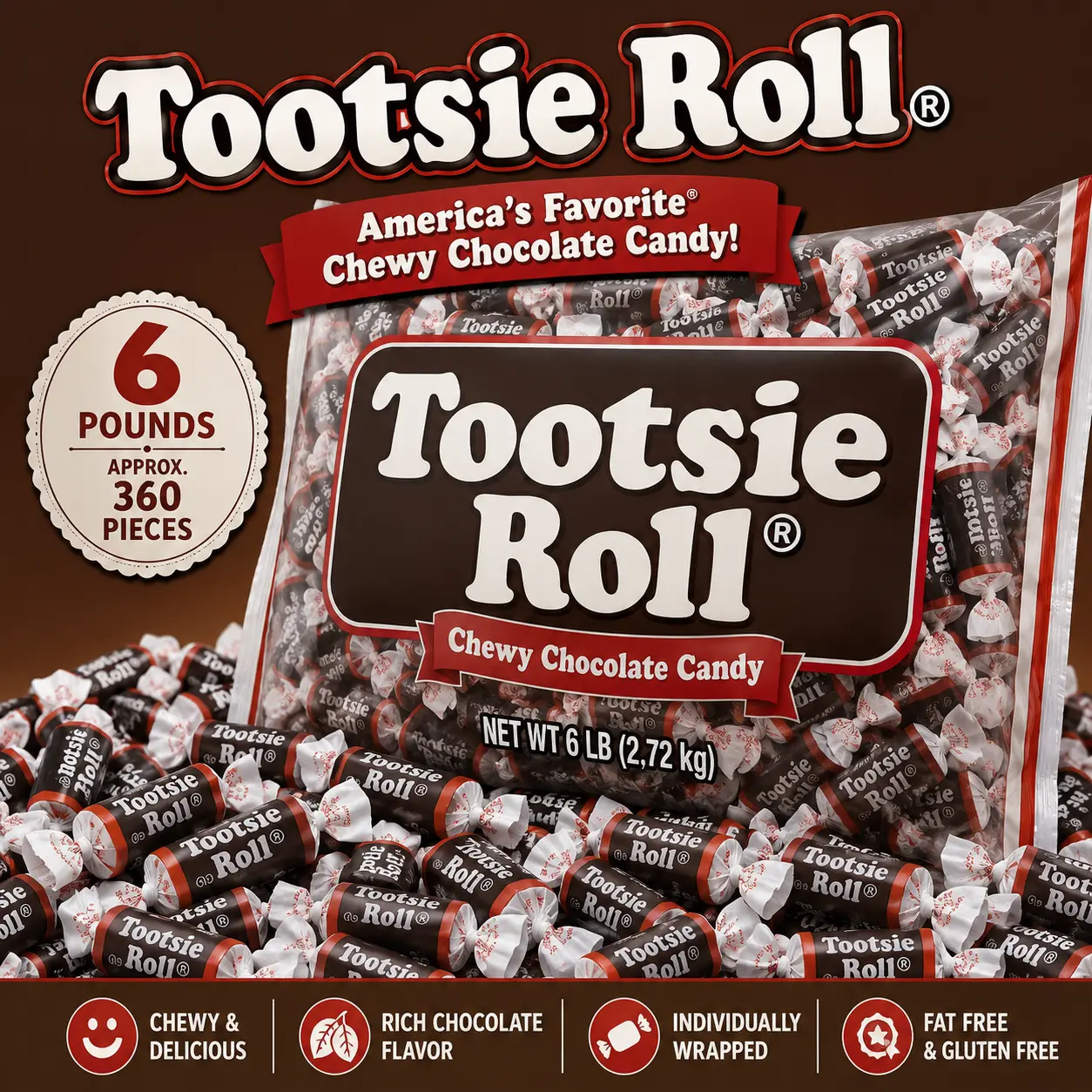 Tootsie Rolls Chewy Chocolate Candy 6 lb Bulk Bag Individually Wrapped Classic Candy