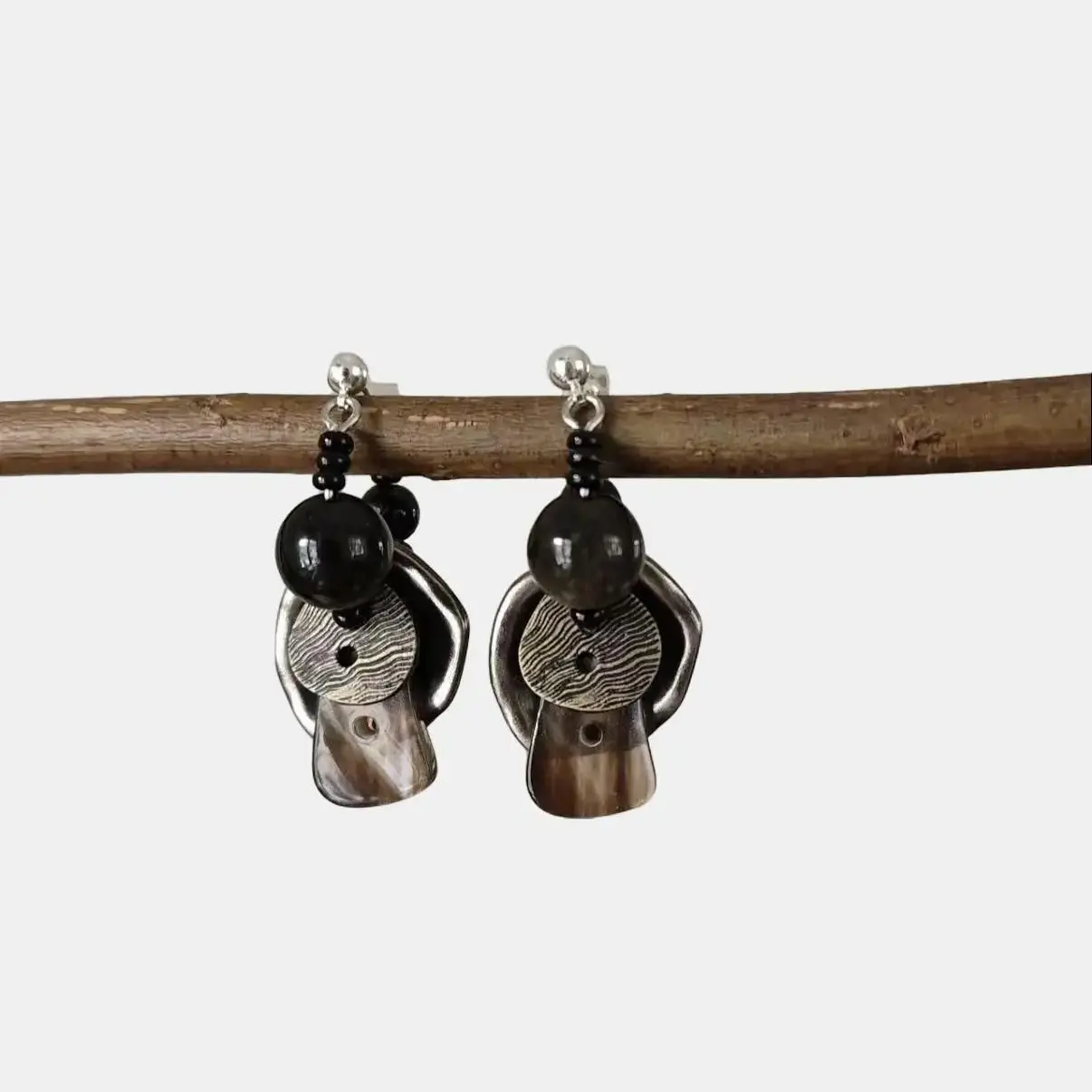 Handmade Black Obsidian Button Mushroom Earrings Natural Crystal Funky Jewelry Unique Design