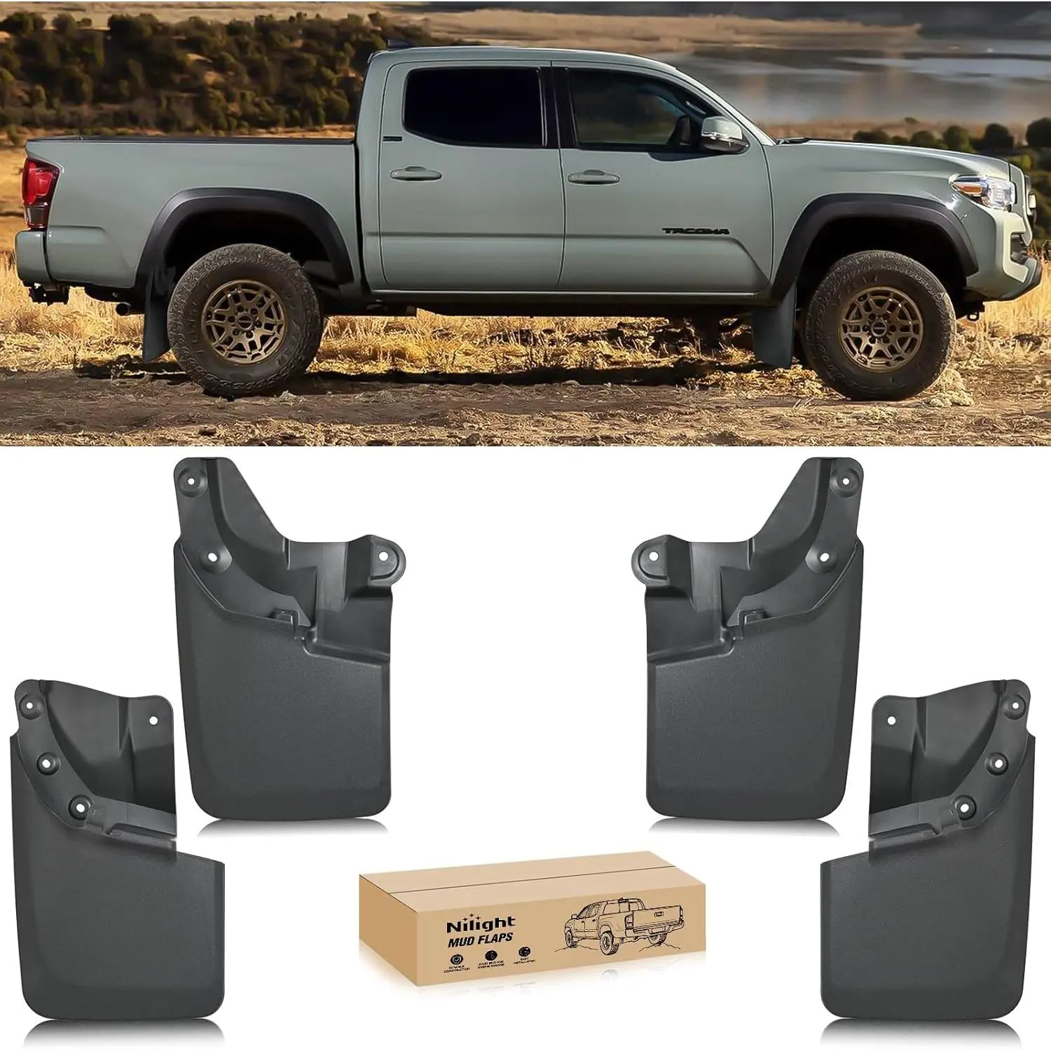 Nilight Heavy-Duty Polypropylene Truck Wheel Mud Flaps & Splash Guards, Laser Scanned No-Drilling Precision Fit for 2016-2023 Toyota Tacoma, Front & Rear Set, Modern Auto Exterior Protection Accessories, Easy Installation, 24/7 Customer Support