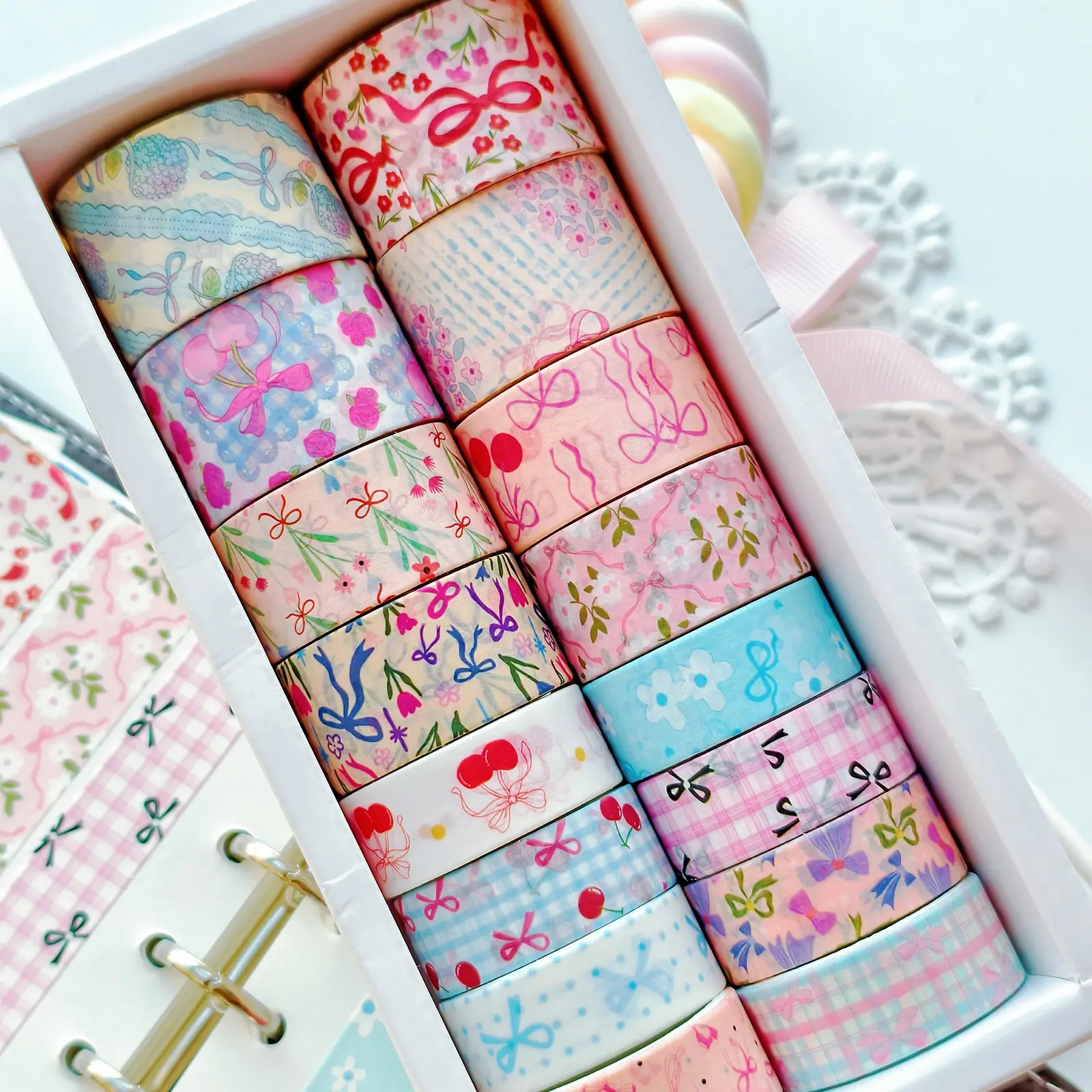 16 Rolls Bow Print Design Handmade Tape, Grid Pattern Adhesive Tape, Decorative Paper Tape for Scrapbooks, Journals, DIY Crafts, Gift Wrapping, Scrapbook Accessories, Scrapbook Materials, Scrapbooking Supplies