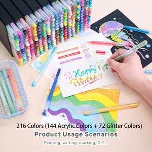 216 Colors (144 Acrylic + 72 Glitter Colors) Gel Pen Set, Doodle Drawing Pen, 1.0mm Fine Tip Journaling Pen & Colored Fluorescent Neutral Pen Doodle 3D Effect & Strong Layering Suitable for Diaries, Greeting Card, Art Craft Supplies