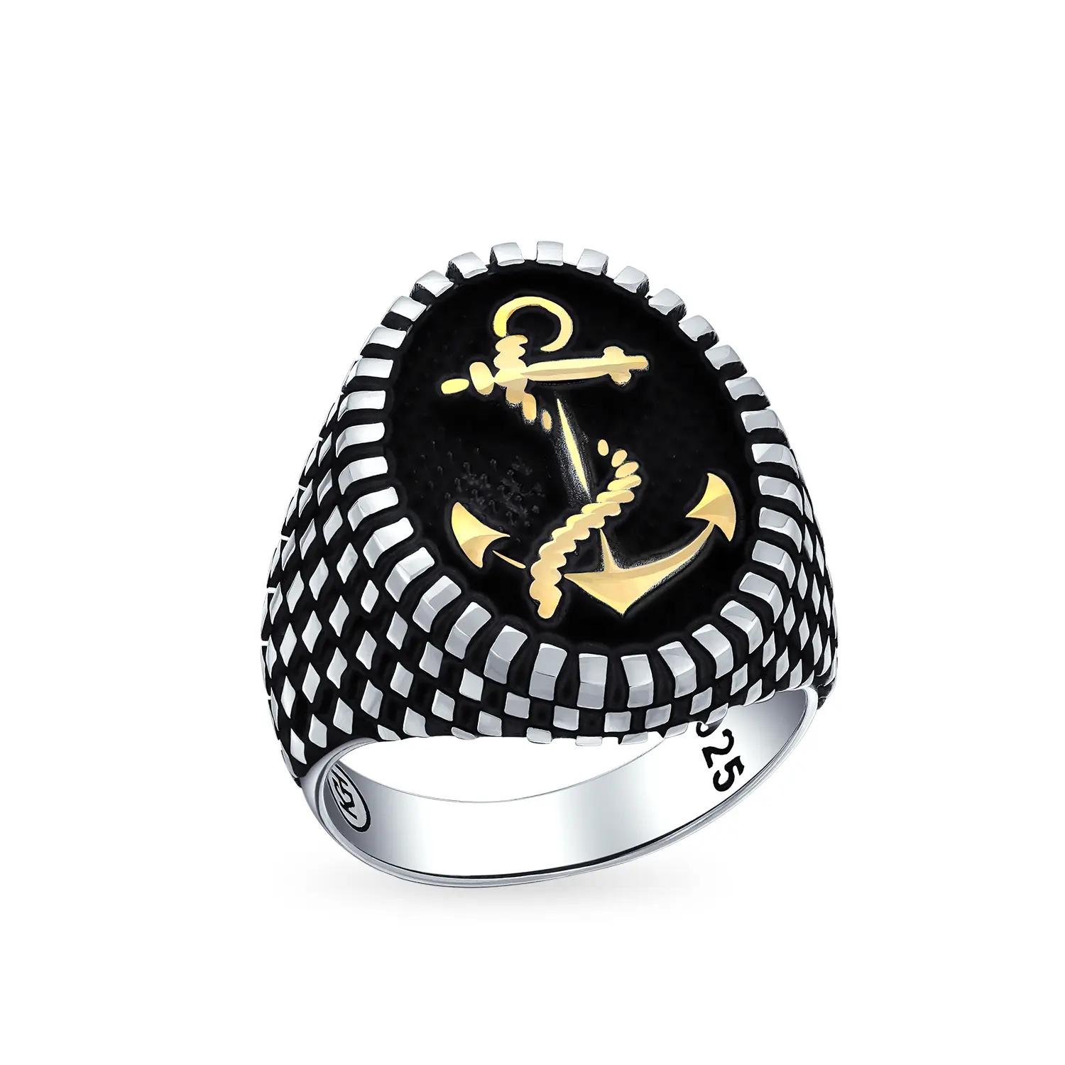 Oval Signet Nautical Rope Anchor Ring Two Tone Sterling Silver Made In Turkey