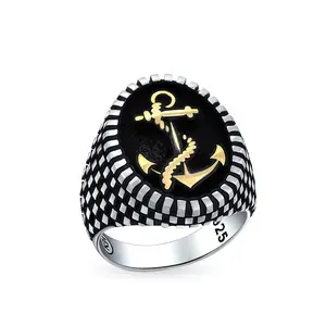 Oval Signet Nautical Rope Anchor Ring Two Tone Sterling Silver Made In Turkey