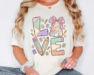 Comfort Colors Easter Teacher T-Shirt, Bunny Bow Shirt, Cute Spring Love Teacher Shirt, Classroom Graphic Tee, Teacher Gift, Happy Easter Day