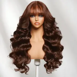 【NEW IN】Unice 7x5 200% Chocolate Auburn Brown Layered Loose Wave Style With Face Framing Curtain Bangs Glueless Human Hair Wigs with Bleached Knots No Slip Beginners Friendly