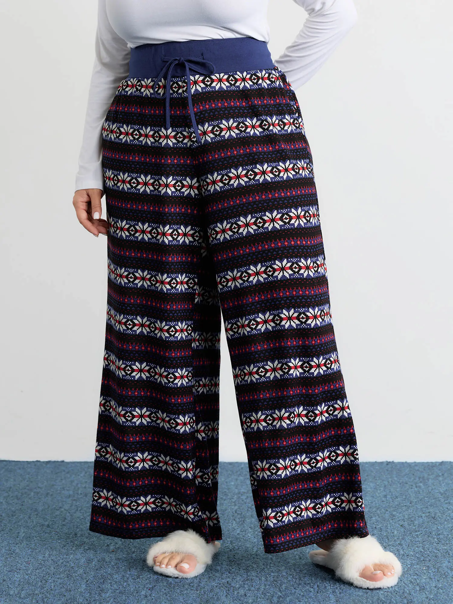 BLOOMCHIC Women's Plus Size Baggy Colorblock Casual Pants - Dark Blue Polyester Blend Spandex Fabric, Drawstring Mid Waist, Christmas Geo Print, Full Length, Slant Pockets, M-6X Extended Size Pants, Machine Wash Women's Bottom Basics