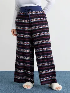 BLOOMCHIC Women's Plus Size Geo Print Drawstring Waist Garment Trousers - Dark Blue, Loose-Fitting Baggy, Mid Waist, Christmas Geometric Color Block, Full Length, Slanted Pockets,, M-6X,  2026 Summer Vibes Womenswear Bottom Swimweek