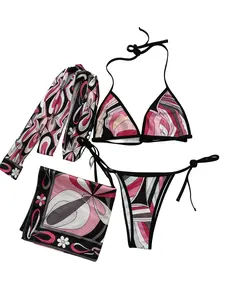 XS-XL Luxury Women's Floral Silk Bikini Set - Bohemian Beach Swimwear with Scarf & Headband, Soft Smooth Adjustable Swimsuits for Women Summer Beach, swimming pool, hot spring swimsuit