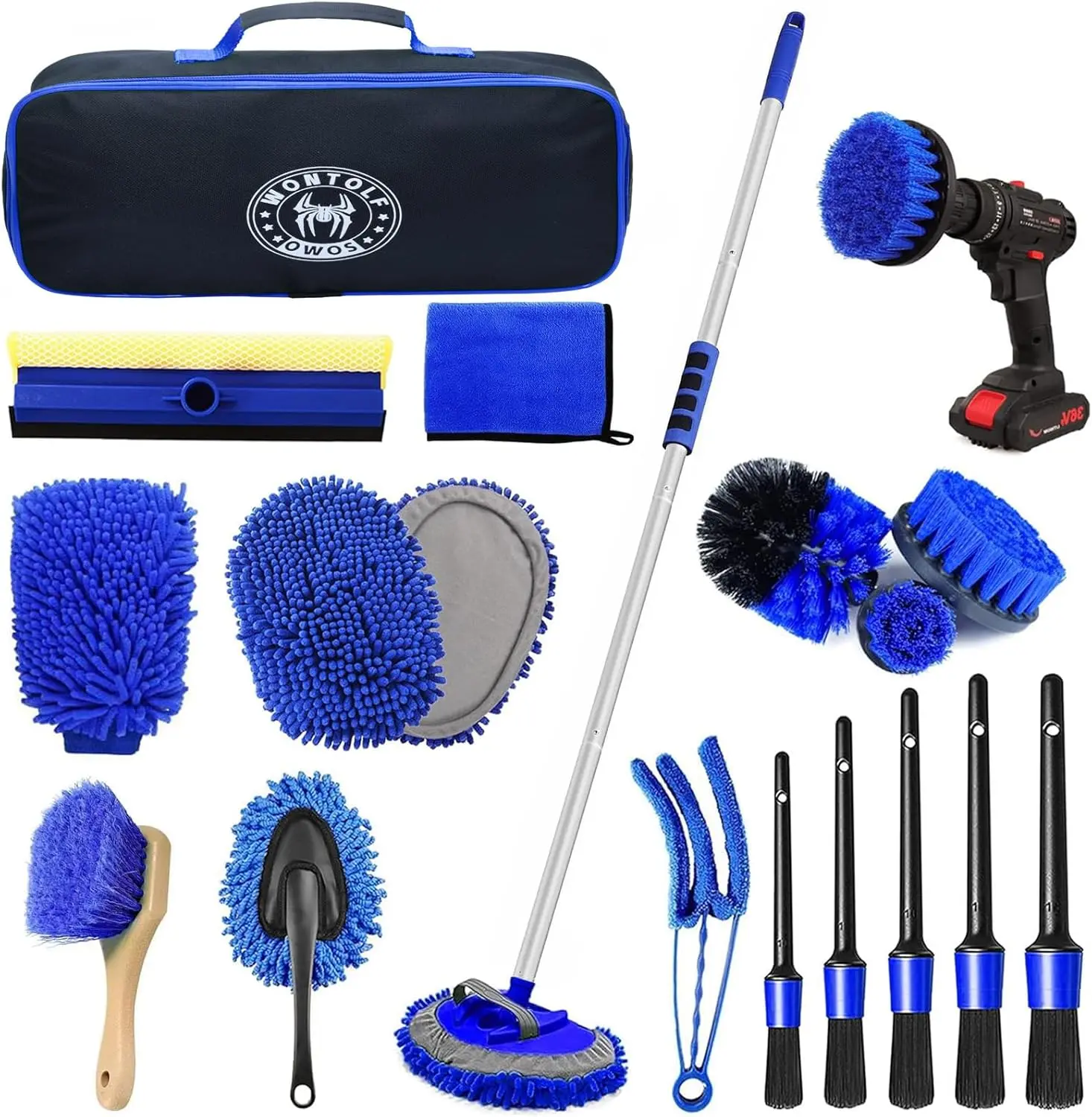 Wontolf 62-in Car Wash Brush Kit with Long Handle, Microfiber Mop Mitt, Detailing Supplies for Cars, RVs, Trucks, Boats (Exterior & Interior Use)