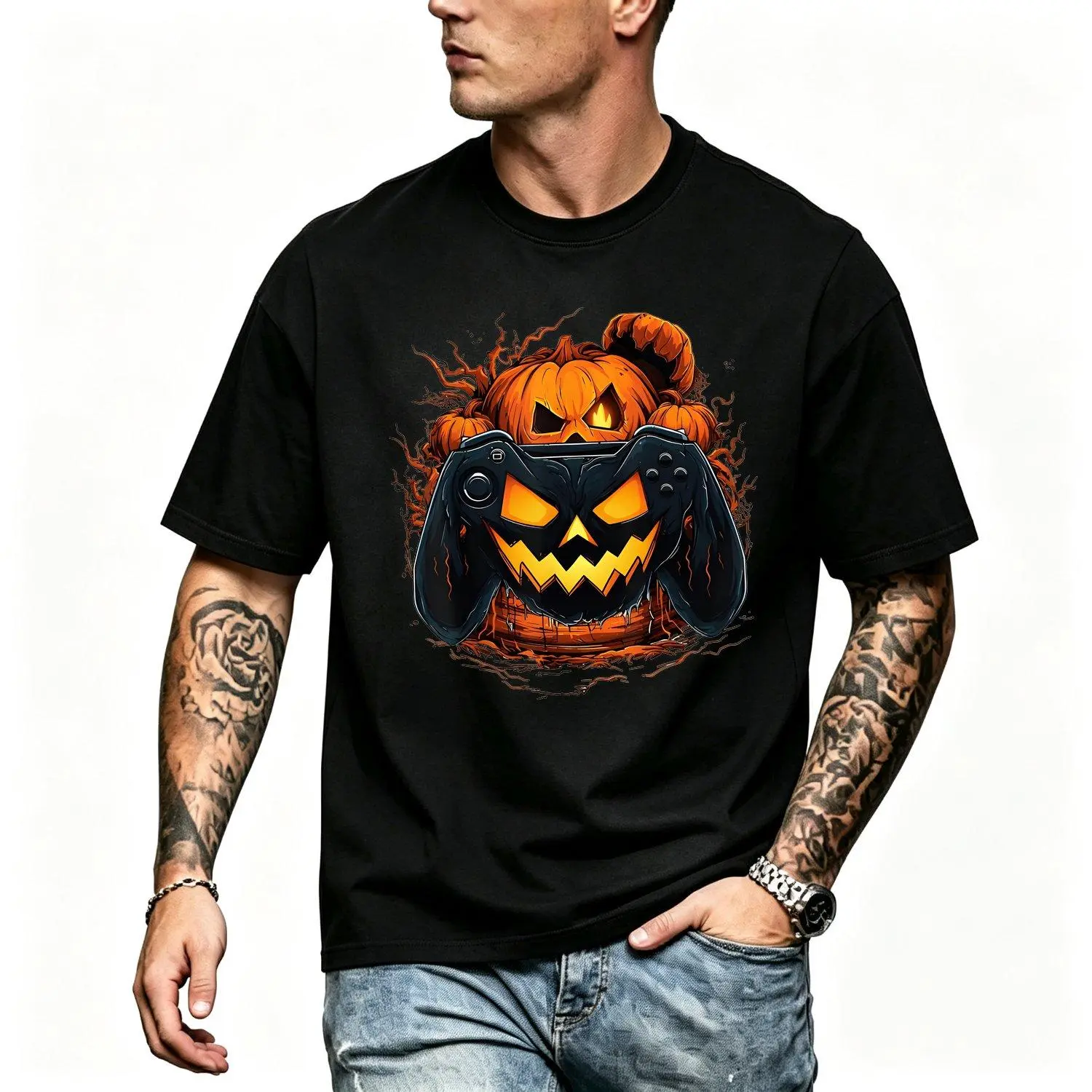 Glowing Pixel Pumpkin Jack O Lantern Game Controller Graphic Short Sleeve T Shirt Halloween Gamer Casual Costume Tee Unisex Adult