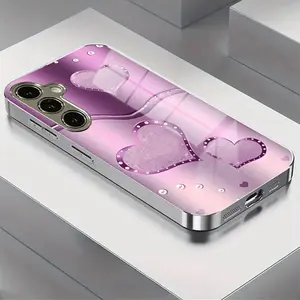 Heart Design Phone Case for Samsung Galaxy Series, Stylish Electroplated Tempered Glass Cover, Simple Pattern, Durable Protection