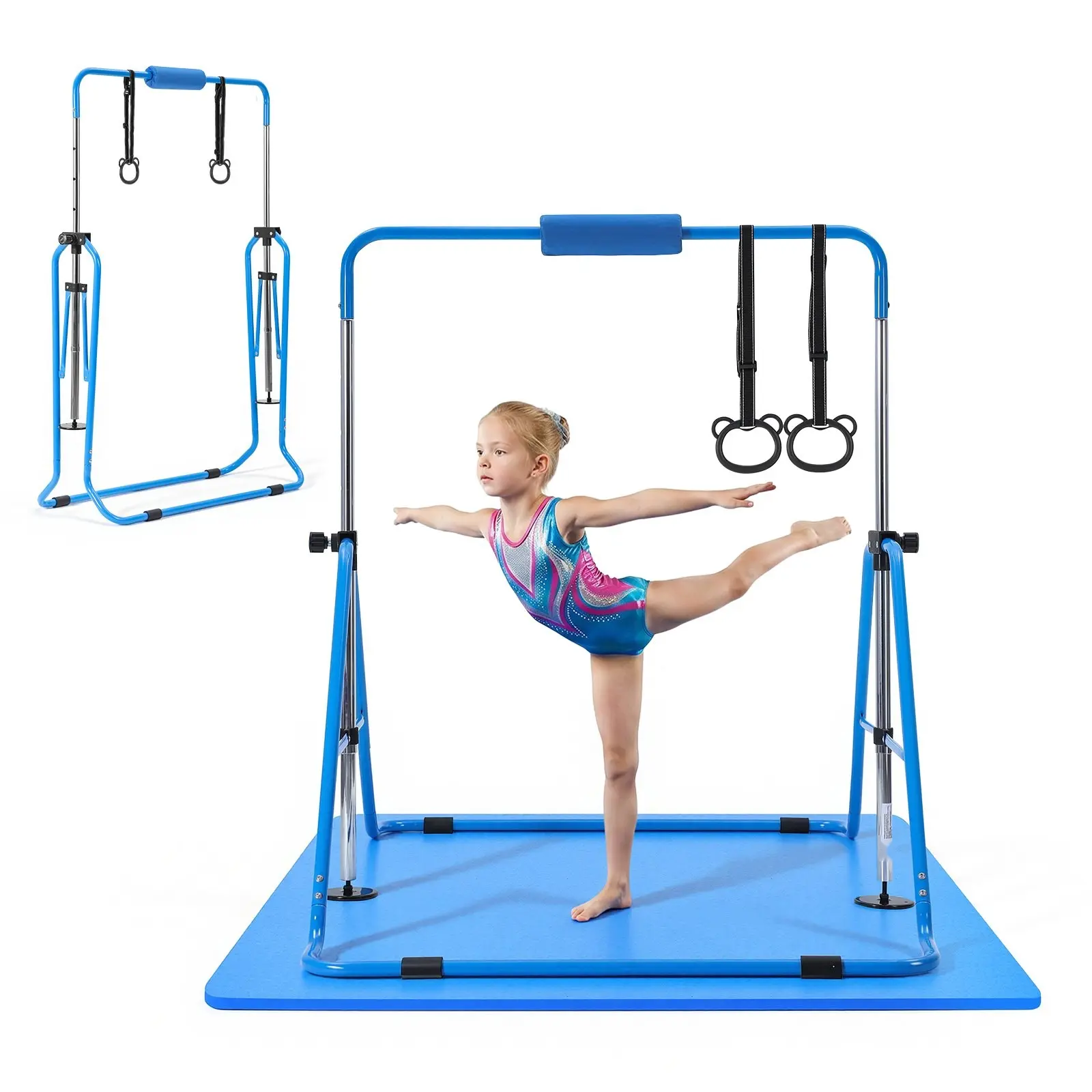 Gymnastic Bars for Kids, 140 Lb Capacity Folding Kip Bar with Mat, Adjustable Height Horizontal Bar for Home Use, Indoor and Outdoor Training Equipment, Easy Assembly, Safe Durable Construction, Blue
