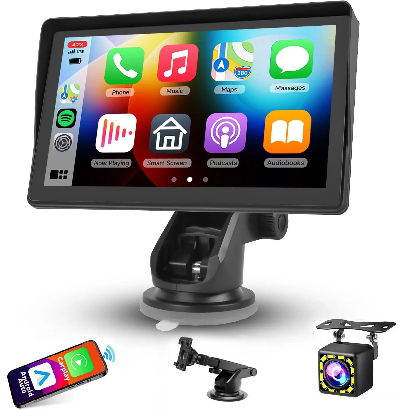 HIKITY 7-Inch Portable Touchscreen Car Video Player - Wireless CarPlay, Android Auto Ready, 1080p Display, App Mirroring, 12V-24V for Vehicles/RVs, Car Electronics Accessory with Reverse Camera