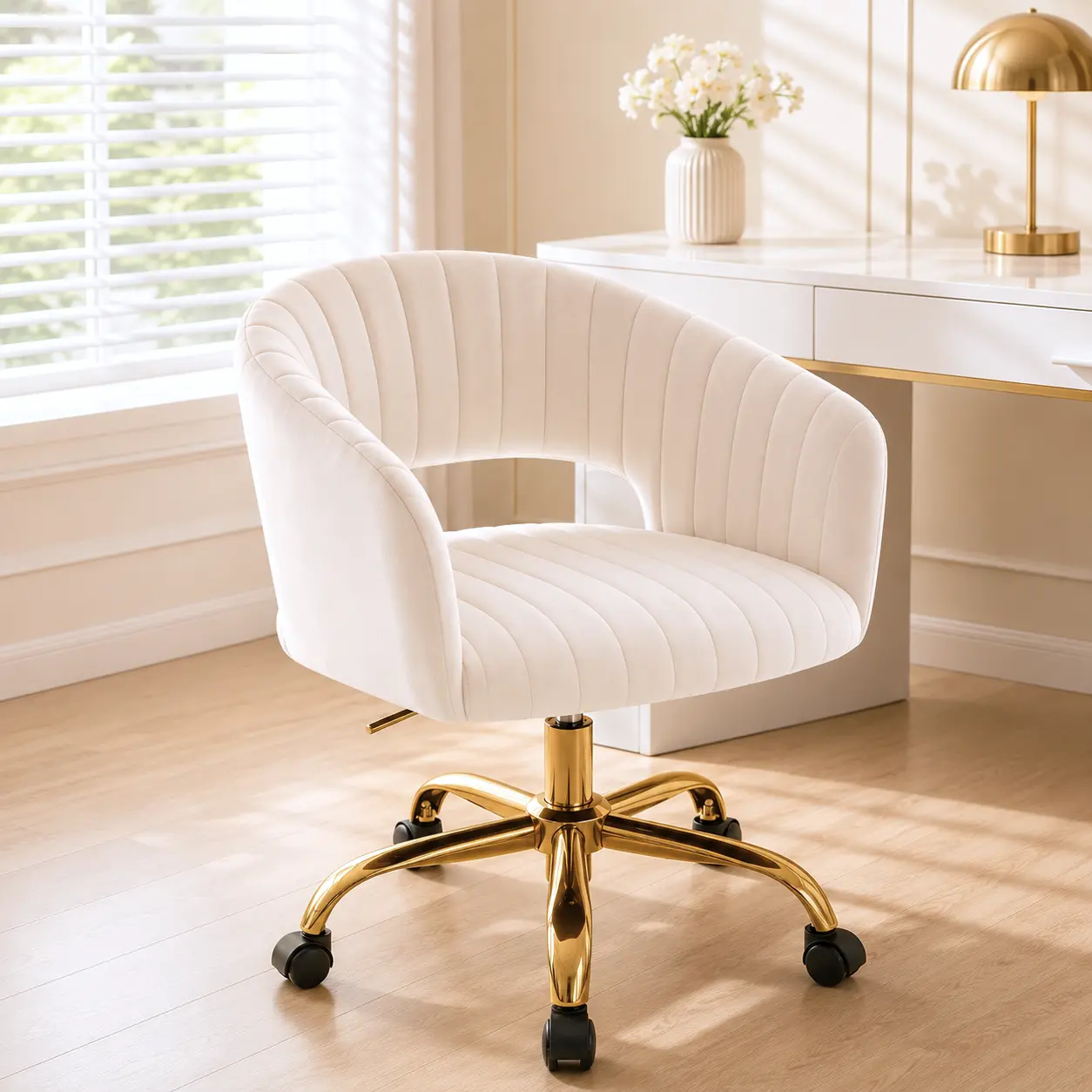 Modern Tufted Swivel Desk Chair, Adjustable Upholstered Barrel Desk Chair with Gold Metal Base, 360° Rolling Office Chair for Home Office, Bedroom, Makeup Room