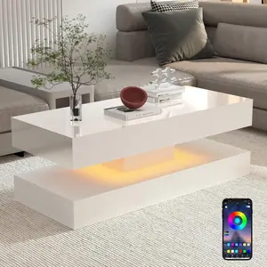 LED Coffee Table With 2 Storage Drawers, Modern High Gloss Black/White Coffee Table W/20 Colors LED Lights, 2 Tiers Rectangle Center Table For Living Room With Marbling Print, APP Control