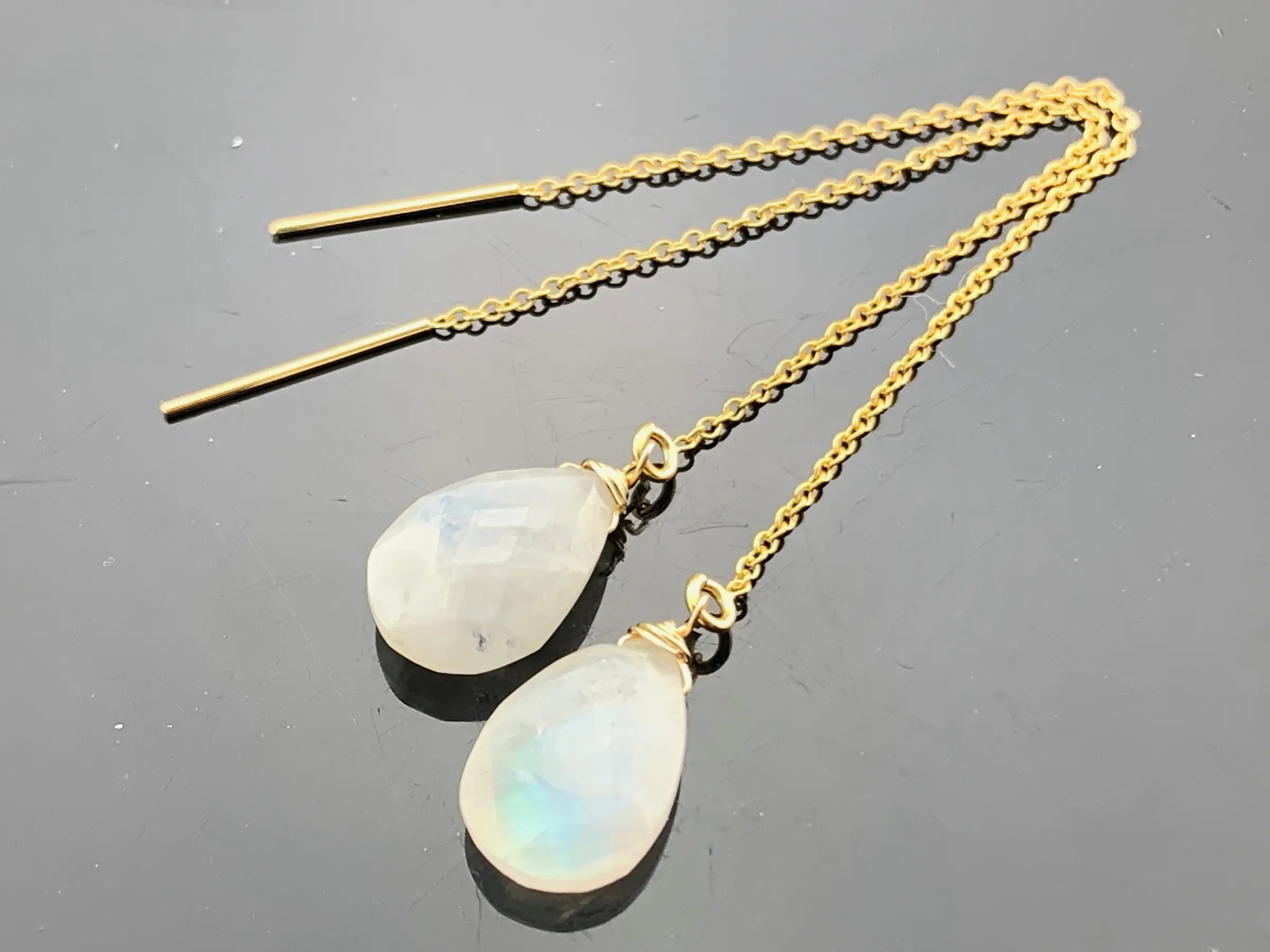 Faceted Rainbow Moonstone · 14K Gold Filled or 925 Sterling Silver · Long Ear Threads · Dangle Earrings · June Birthstone Gift