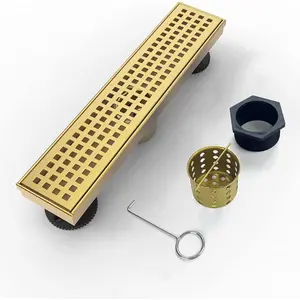 Linear Shower Drain, 12 inch Gold Drain with Removable Grate Cover, Brushed 304 Stainless Steel Shower Floor Drain, Linear Drain with Hair Strainer and Adjustable Feet