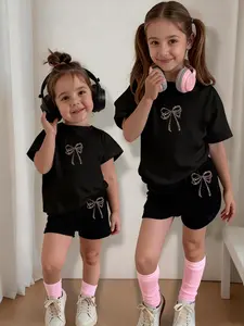 Girls' Casual Short Sleeve Shorts Set, Girl Clothes School, Leopard Bow Print, Fitted Round Neck Tee, Cartoon Pattern, All Seasons, Ages 4-12, Baby Girl Clothes