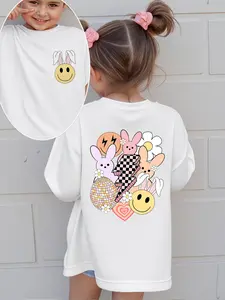 1pc Double-Sided Print Easter Girls' Cartoon Rabbit And Lightning Print Stylish Creative Casual Funny Graphic Tee Round Neck T-Shirt