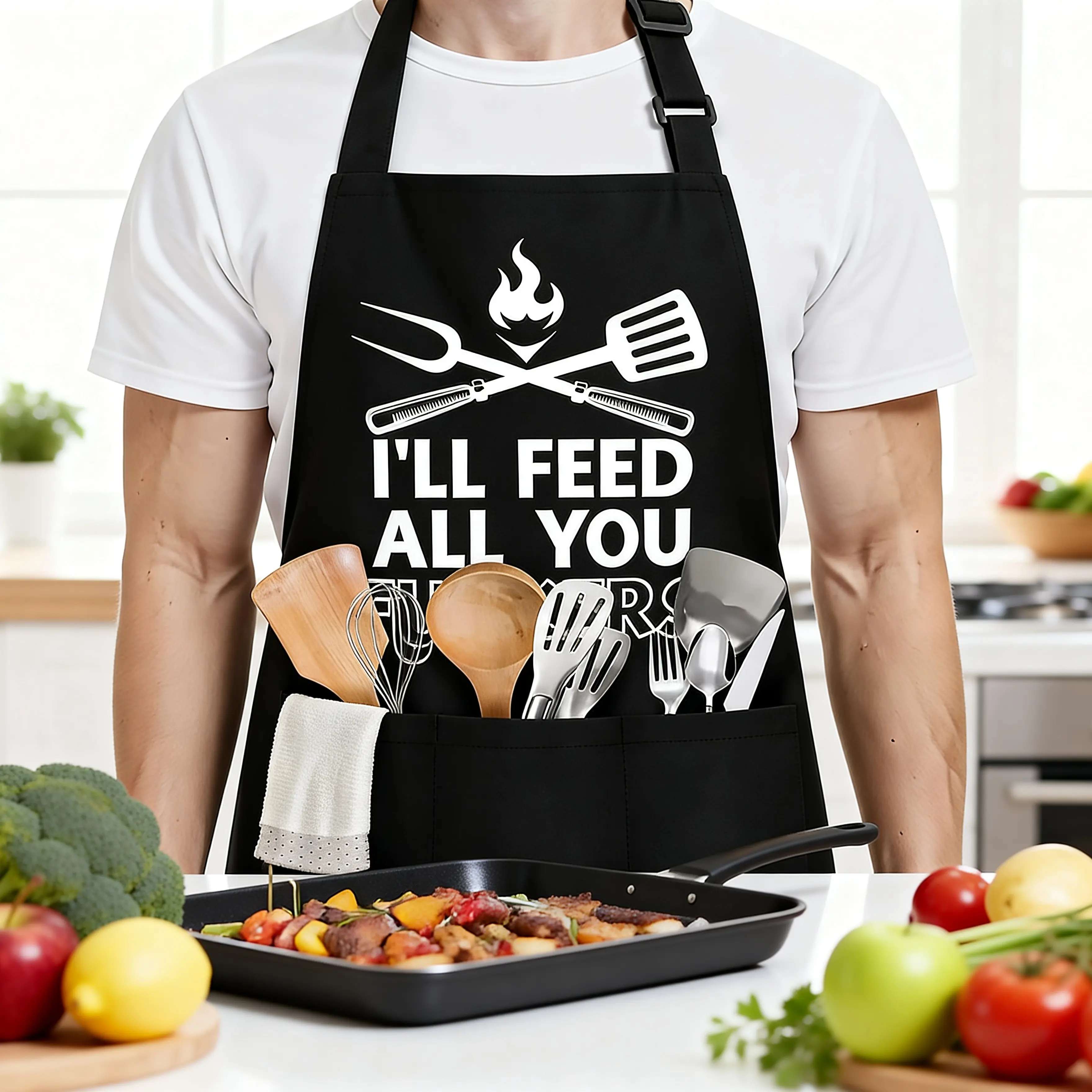 Waterproof Kitchen Apron - Oil-Resistant Home Supplies with Adjustable Neck Strap, 3 Front Pockets, Playful Print, Men's Stuff Clothes, Ideal for BBQ Enthusiasts, Apron-I'll Feed Gift, Water Proof, Work Apron