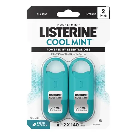 *NEW LOOK* Listerine Bad Breath Freshening Oral Spray, Cool Mint Flavor 2-Pack - Portable, Sugar-Free, Kills 99% of Germs, 7.7 mL Each, Boosts Fresh Breath, Supports Oral Health, Enhances Smile Care, Stinky Breath Solutions