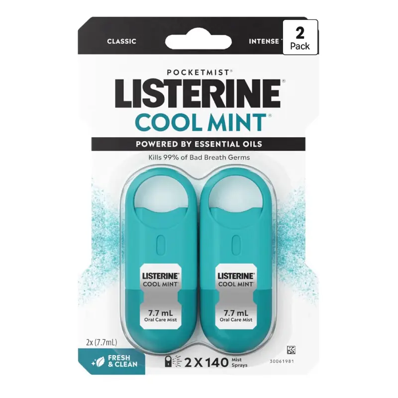 *NEW LOOK* Listerine Bad Breath Freshening Oral Spray, Cool Mint Flavor 2-Pack - Portable, Sugar-Free, Kills 99% of Germs, 7.7 mL Each, Boosts Fresh Breath, Supports Oral Health, Enhances Smile Care, Stinky Breath Solutions
