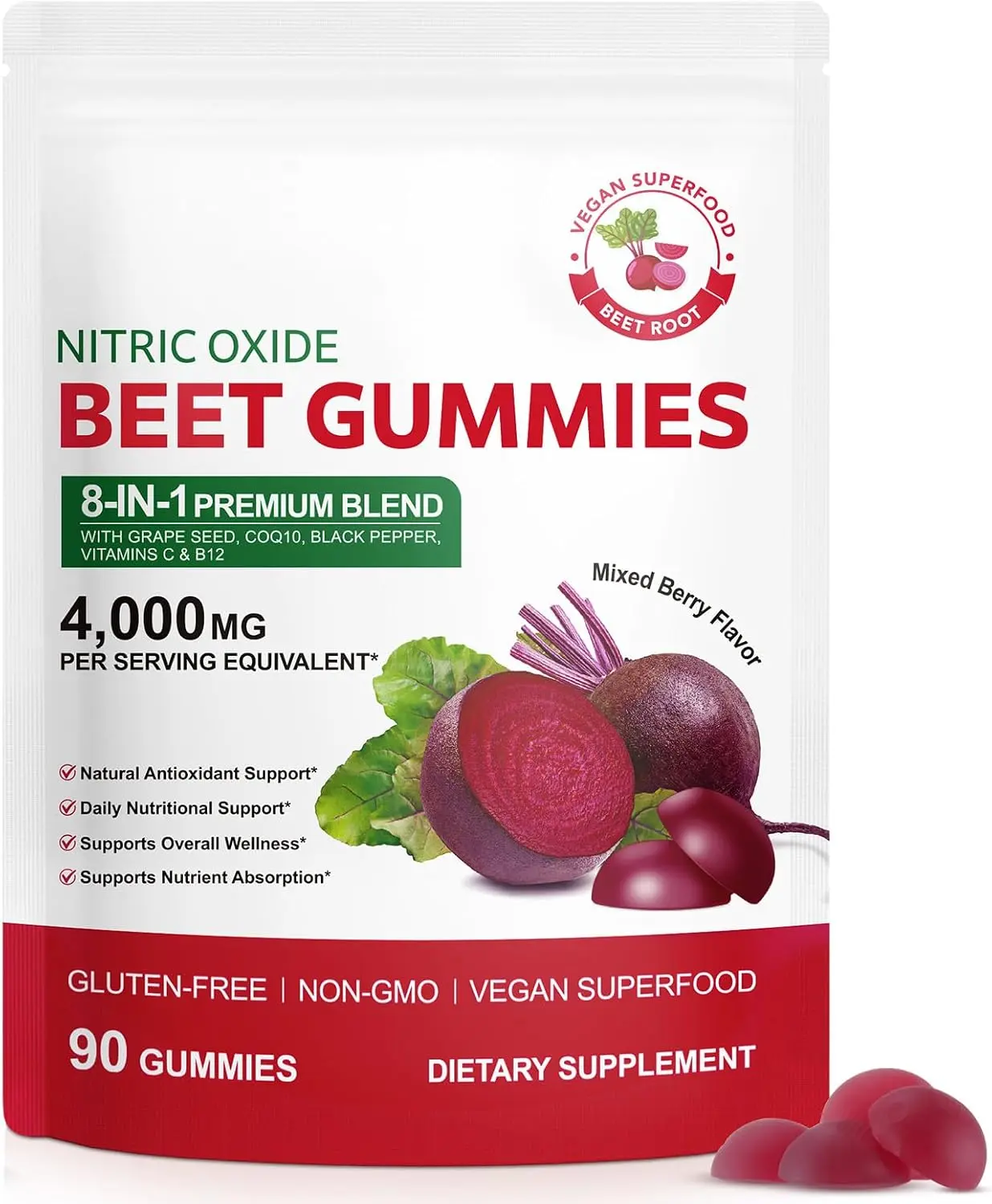 Beet Root Gummies – 8 in 1 Beet Root Extract with CoQ10, Grapeseed Extract & Vitamin B12, 90 Chews for Blood Pressure, Heart Health, Energy & Nitric Oxide Support, No Sugar