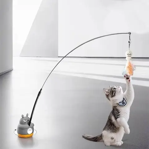 360° Rotatable Extended Flexible Wand Cat Teaser Toy with Simulated Feather, Anti-Tip Chinchilla Base, Detachable Bell Fish Pendant, Dual Fixed & Handheld Modes Interactive Kitten Boredom Relief Toy
