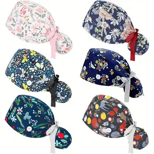 Scrub Caps 6PCS Women Nursing Hats with Buttons Adjustable Bouffant Nurse Ponytail Holder Turban Patterns