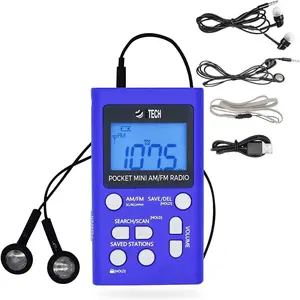 Personal Radio with Two Types of Stereo Headphones, Clock, Great Reception and Long Battery Life, Mini Pocket Walkman Radio with Headphones (Blue)