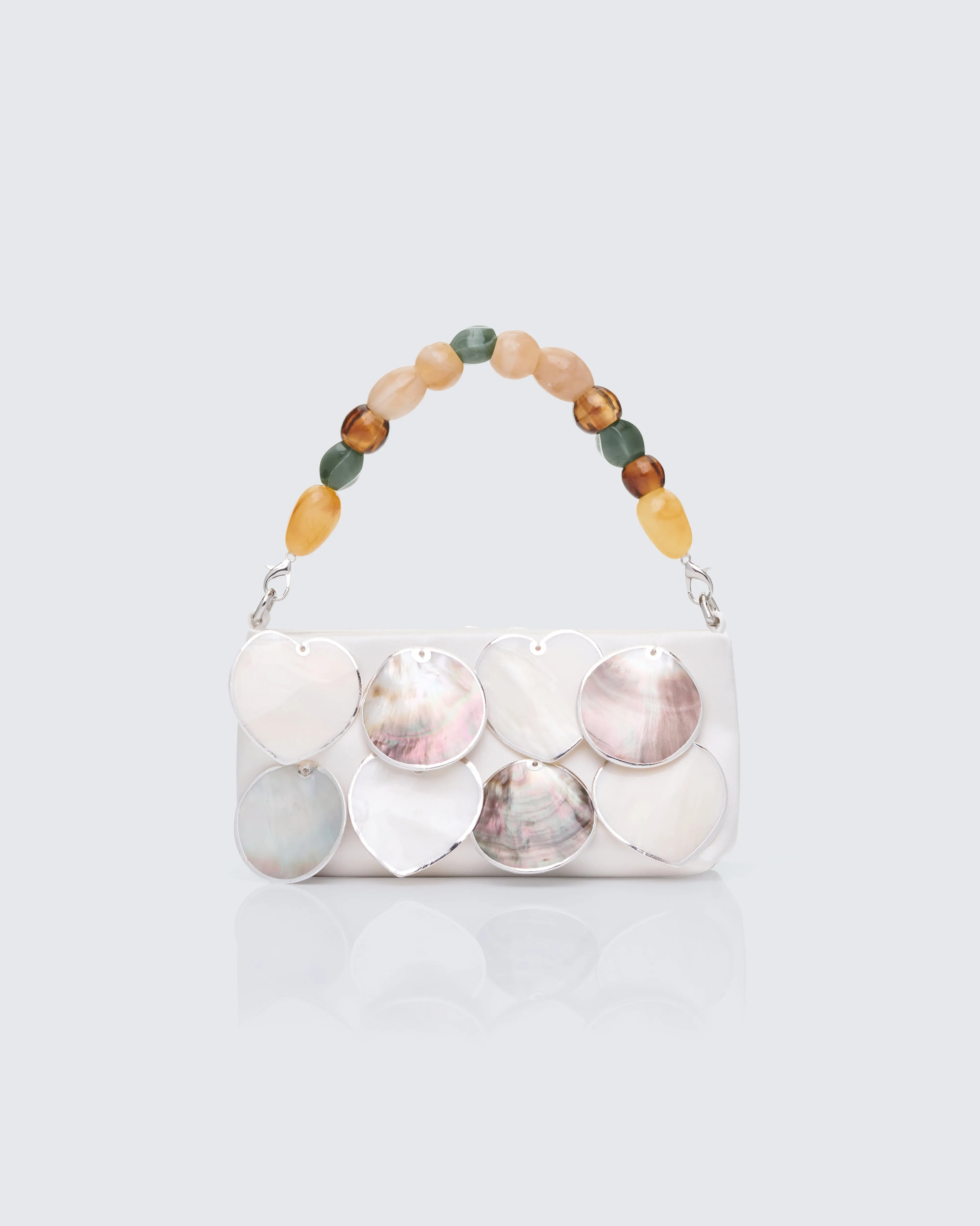 Women's Ivory Vintage Beaded Handbags - Evening Clutch with 3D Mother of Pearl Embellishments, Beaded Handle, Elastane Material, Beaded Women's Handbags