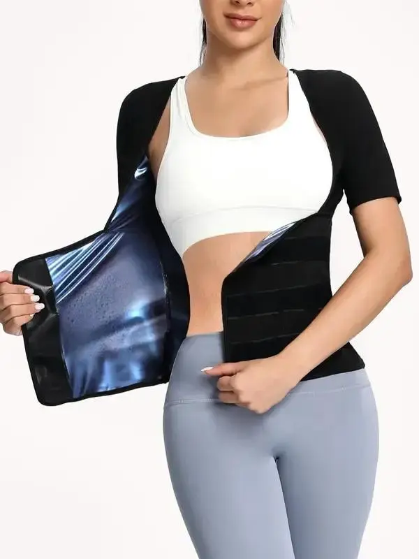 Women's Plain Velcro Waistband Sports Sauna Te, Sim-fitting Solid Color Short Sleeve Tummy Control Sweat Body Shaper, Gym Tops, Compression Shirt, Fitness Running Workout Gym Yoga Hiking