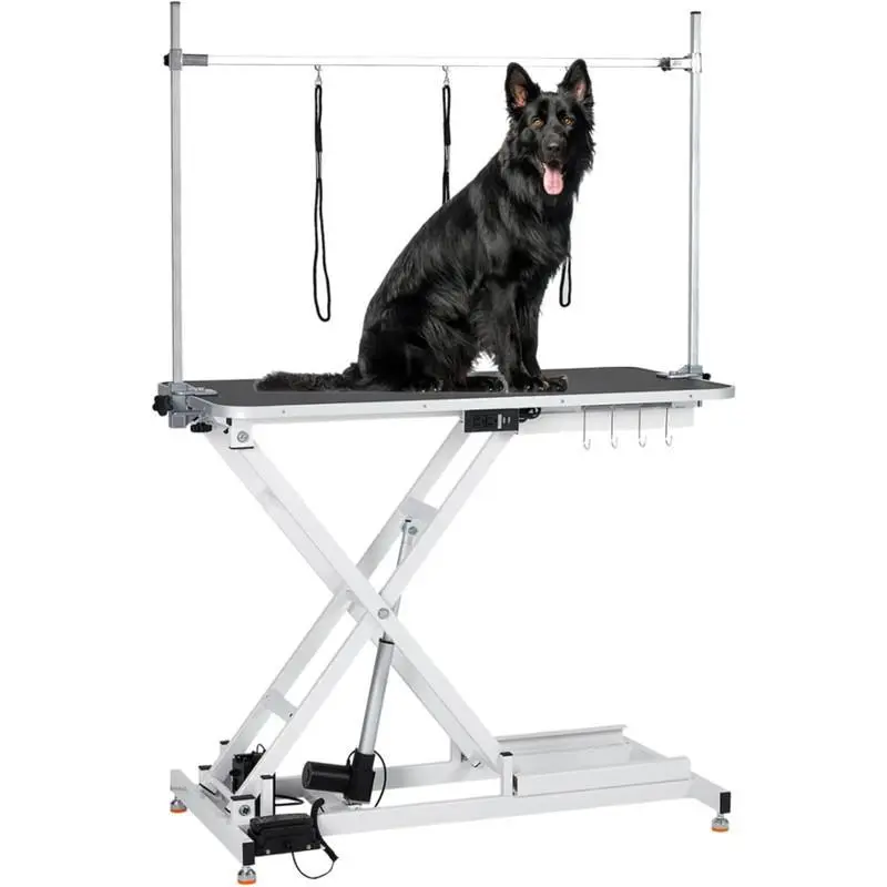 Hydraulic Pet Grooming Table for Large Dogs, Adjustable Height - Electric Dog Grooming Table Trimming/Drying Table w/Arm/Noose Maximum Capacity Up to 264Lb, White