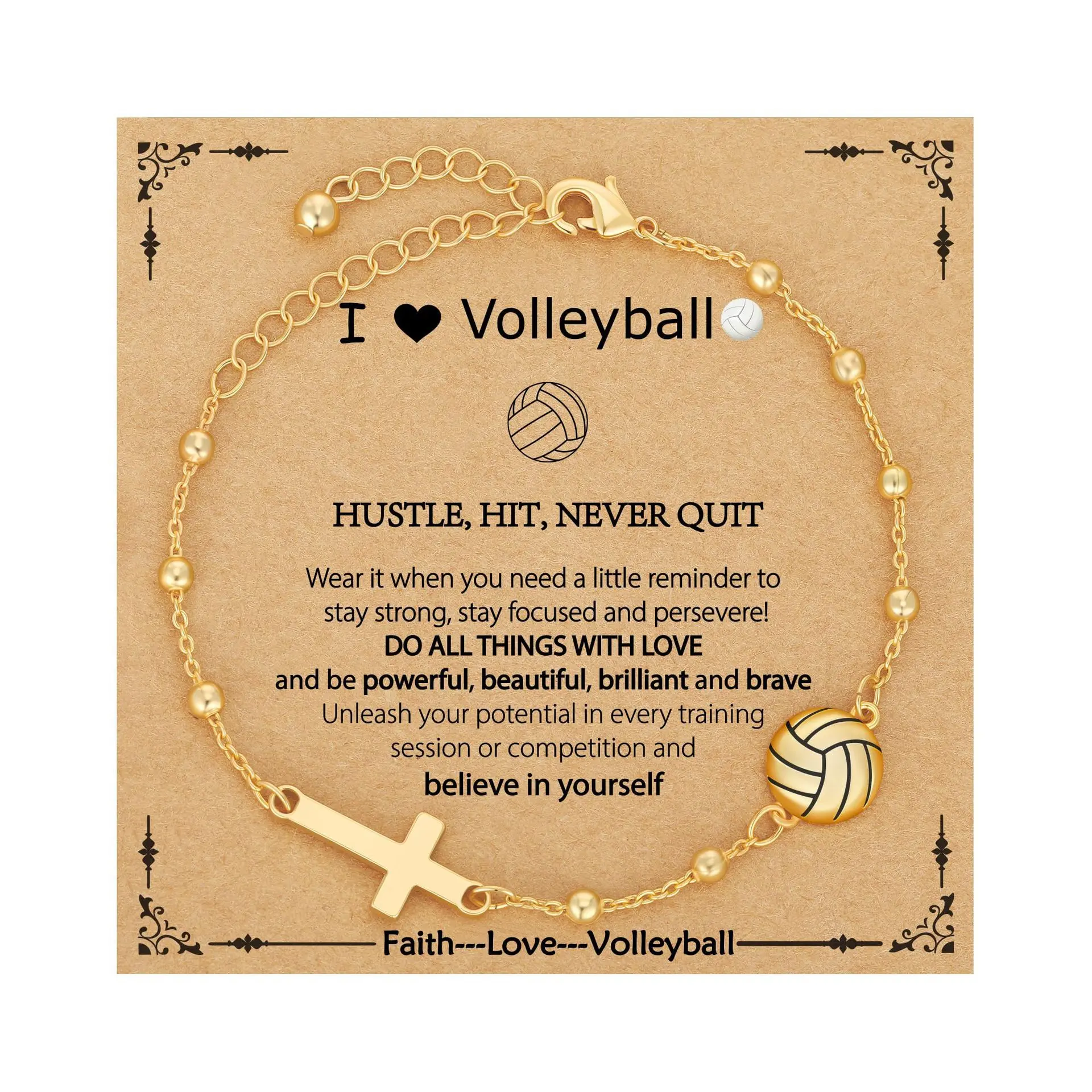 Volleyball Bracelet for Girls Women, 14K Gold Plated Cross Charm Bracelet, Adjustable Sport Jewelry with Volleyball Pendant, Christian Faith Gift for Teen Girls, Volleyball Players, Team Members and Sports Lovers