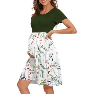 Short Sleeve Maternity Dress Patchwork Pregnancy Clothes with Pockets