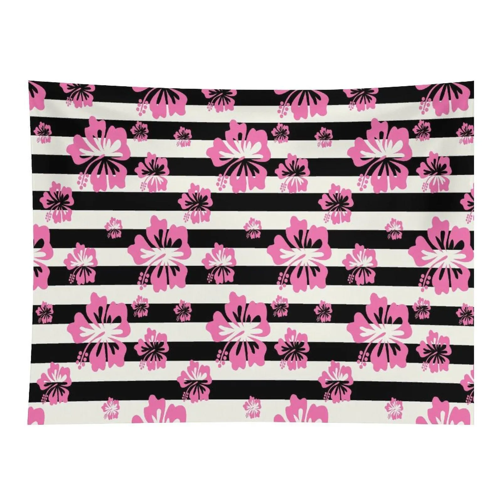 Pink Hibiscus Flower Black White Stripe Seamless Tropical Floral Pattern Wall Tapestry For Beach Room Girls Bedroom Summer Aesthetic Background Decor