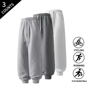3-Pack Men's Basic Pants with Elastic Waist, Casual Everyday Streetwear Athletic Pants, Straight-Leg Cuffed Joggers