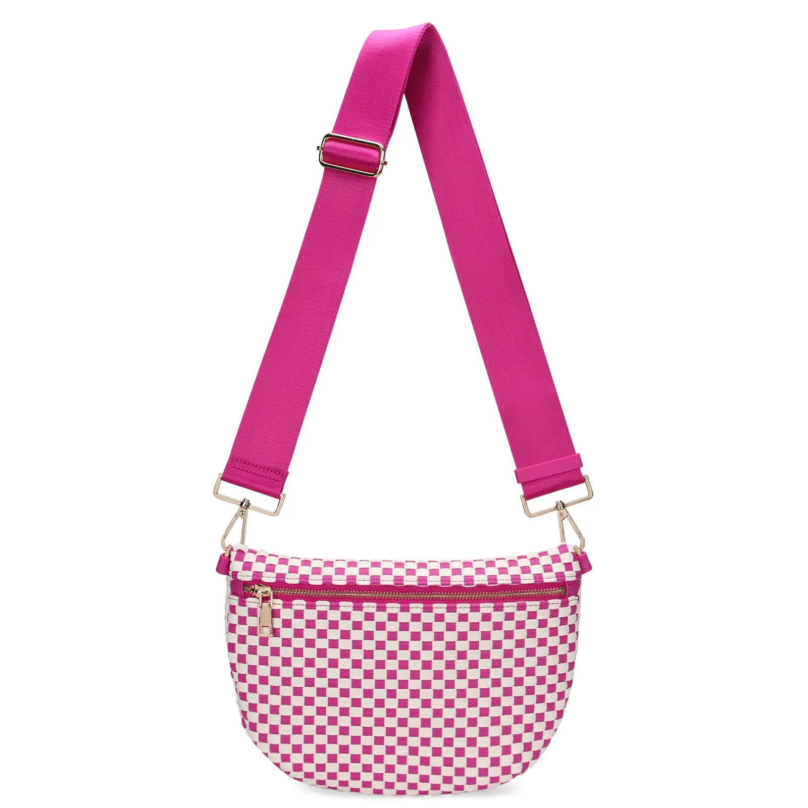 [CC SHOP]Woven Checkerboard Crescent Crossbody Fanny Pack for Women, Grid Texture Sling Chest Bag with Adjustable Wide Strap, Lightweight Fashion Waist Purse Casual Travel Shoulder Bag Multiple Color Options