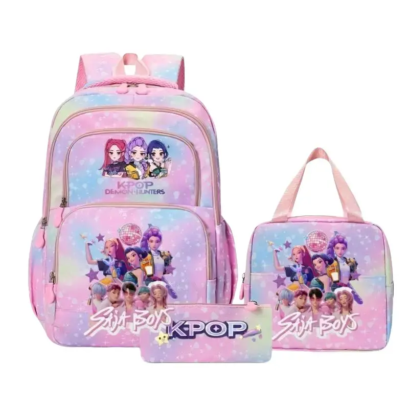 Pink Pastel Gradient Heart Star K‑POP Star Boys Cartoon Print 3‑Piece Backpack Set, Multi‑Pocket Girls School Bookbag, Matching Lunch Tote Bag and Zipper Pencil Pouch, Teen Girls Casual Travel Daypack