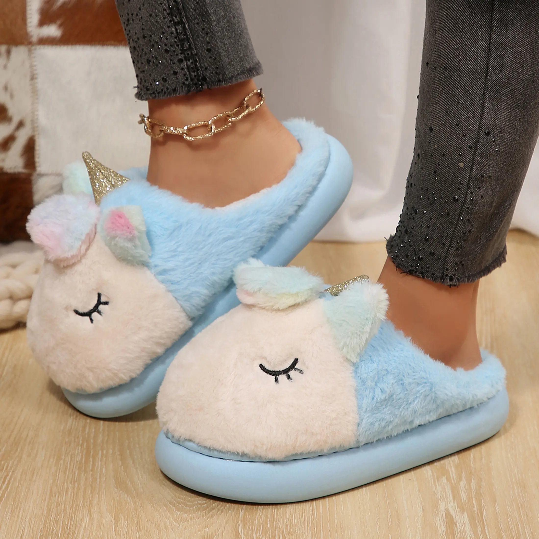 Womens Unicorn Slippers Animal Cozy Indoor Plush Lined Non Slip Fuzzy Soft Slipper