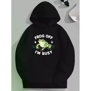 Men's Frog & Letter Print Thermal Lined Hoodie, Fashion Casual Regular Fit Pocket Hooded Sweatshirt for Daily Holiday Outdoor Wear, Men Clothes for Fall & Winter Hoodie