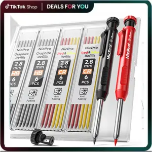 Carpenter Pencil with Sharpener, Mechanical Pencils Set with 26 Refills, Deep Hole Marker for Construction, Heavy Duty Woodworking Tools for Architect (Black, Red) - With Case