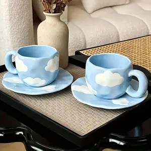 Cloud Shaped Ceramic Cup Set, 2 Counts/set Irregular Shaped Coffee Cup & Saucer, Cute Durable Cup Set for Home Office Use, Drinkware