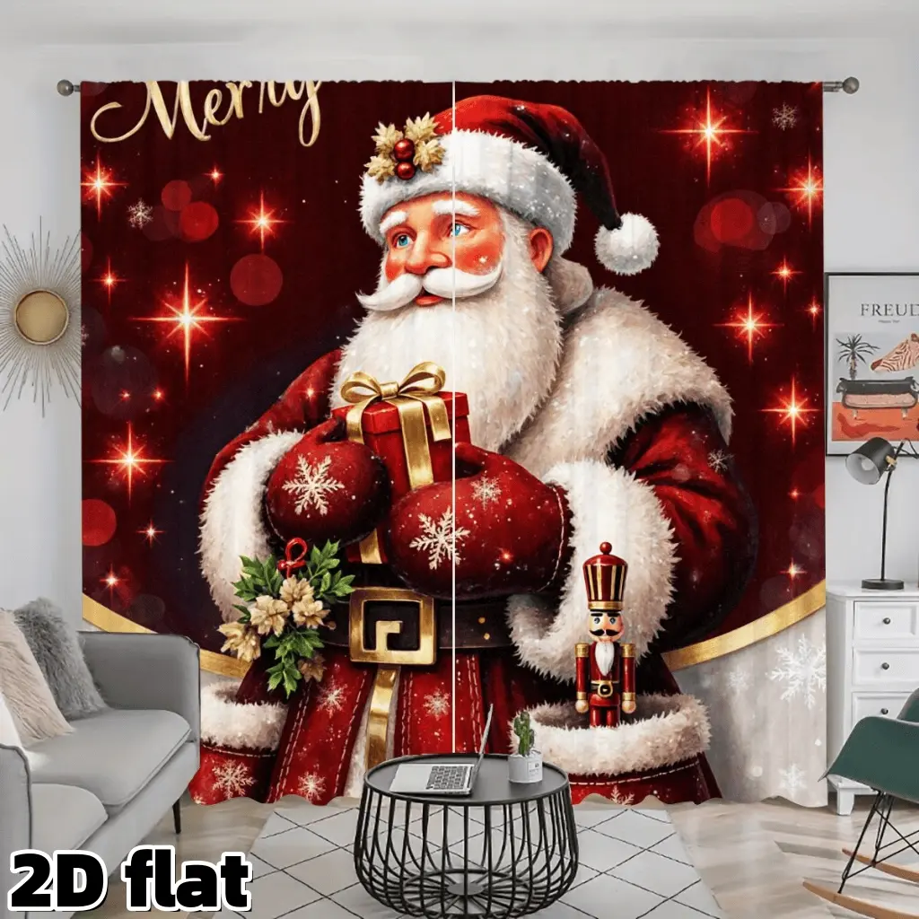 2D Flat 2Pcs Christmas Santa Printed Curtains Festive Red Holiday Theme Rod Pocket Drapes Starry Background Living Room Bedroom Decorative Window Treatment Semi Sheer Merry Christmas Home Decor Gift Snowflake Pattern Versatile Seasonal
