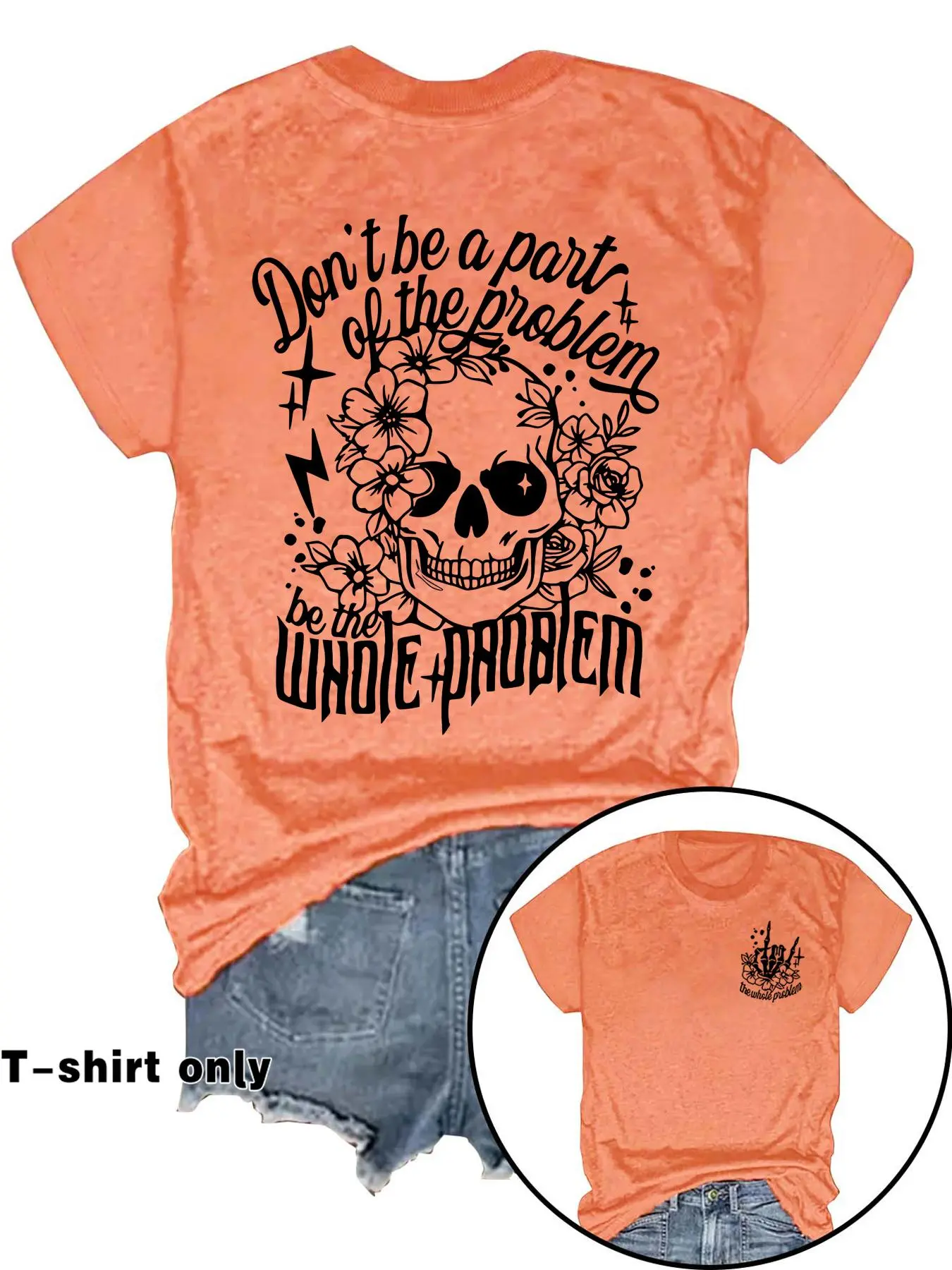 Women's Floral and Skull Print Round Neck Tee, Casual Streetwear Look Letter Graphic T-Shirt for Daily and Vacation Wear, Summer Tops