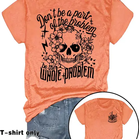 Women's Floral and Skull Print Round Neck Tee, Casual Streetwear Look Letter Graphic T-Shirt for Daily and Vacation Wear, Summer Tops